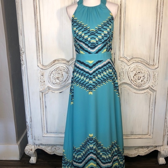 Gibson Latimer Cut in Armholes Neck Tie Waisted Graphic Maxi Dress Size S-M - Picture 1 of 9